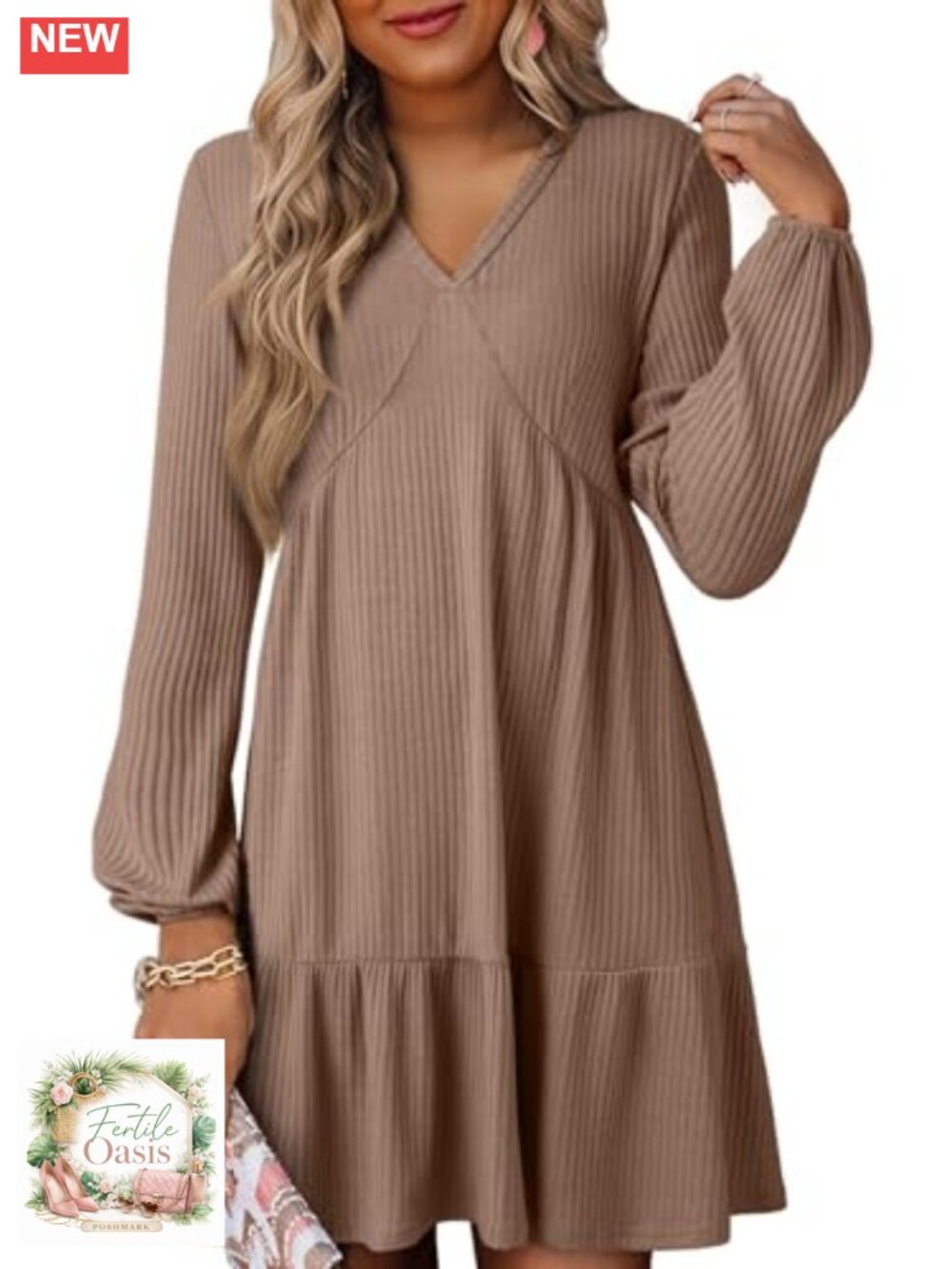 Women's Long Sleeve V Neck Ribbed Knit Empire Waist A Line Swing Mini Dress